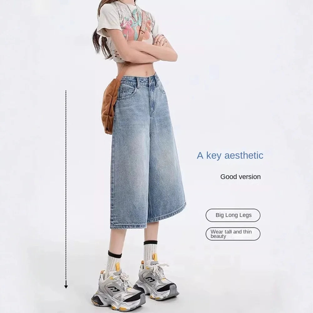 Women's Vintage Wide Leg Denim Capri Pants Shorts Summer New Plus Size Tummy Control Loose Straight Leg Casual Streetwear