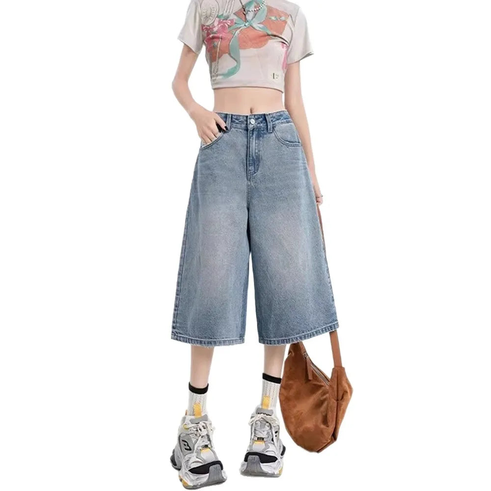 Women's Vintage Wide Leg Denim Capri Pants Shorts Summer New Plus Size Tummy Control Loose Straight Leg Casual Streetwear