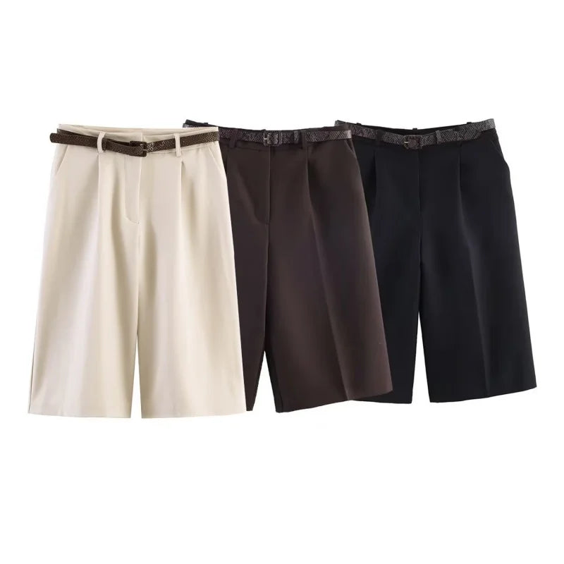 Summer Loose Pleated Mini Shorts With Belt Women High Waist Zipper Decoration Versatile Shorts Female Causal Wear 2026 New