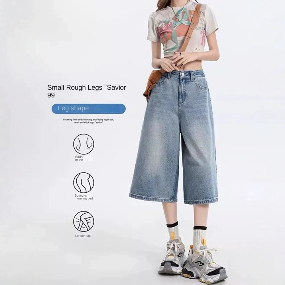 Women's Vintage Wide Leg Denim Capri Pants Shorts Summer New Plus Size Tummy Control Loose Straight Leg Casual Streetwear