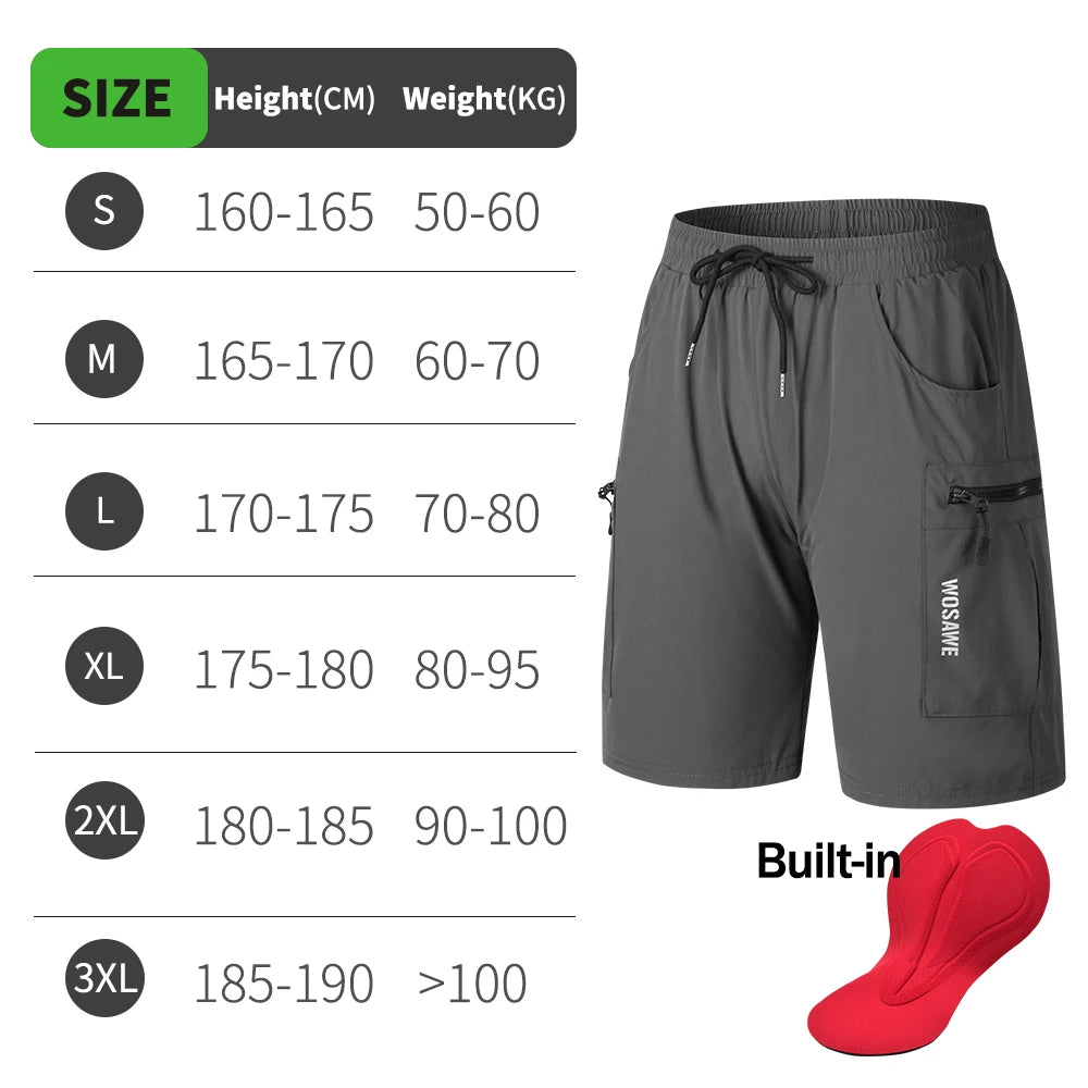 WOSAWE Summer MTB Shorts with Inner Sponge Padded Casual Bicycle Shorts Quick-drying Mountain Bike Short Pant Cycling Shorts