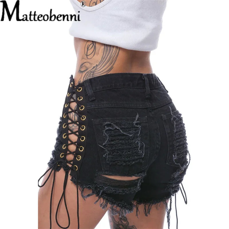 Sexy Ripped Tassel Jeans Streetwear High Waist Straight Denim Shorts 2026 Summer New Women Lace-Up Hole Hollow Out Jean Shorts
