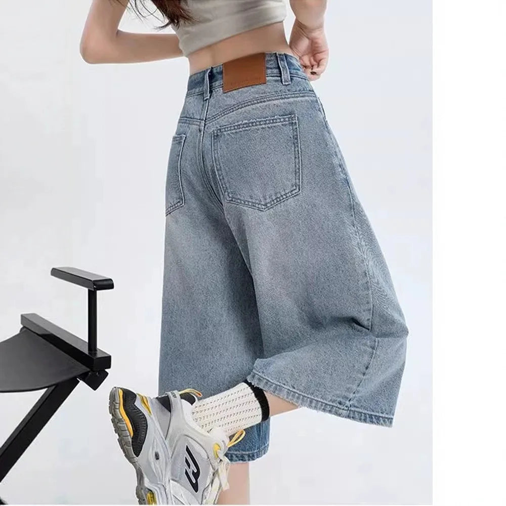 Women's Vintage Wide Leg Denim Capri Pants Shorts Summer New Plus Size Tummy Control Loose Straight Leg Casual Streetwear