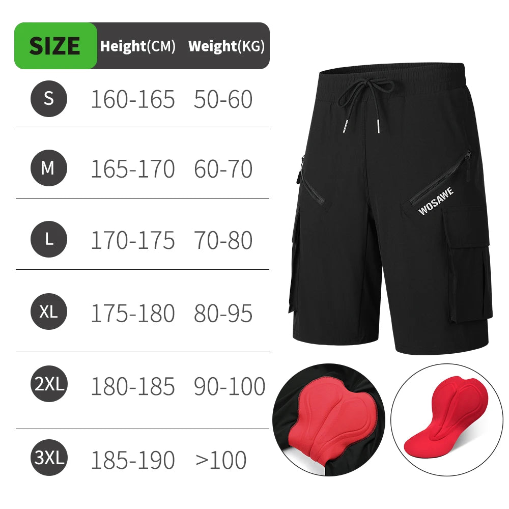WOSAWE Summer MTB Shorts with Inner Sponge Padded Casual Bicycle Shorts Quick-drying Mountain Bike Short Pant Cycling Shorts