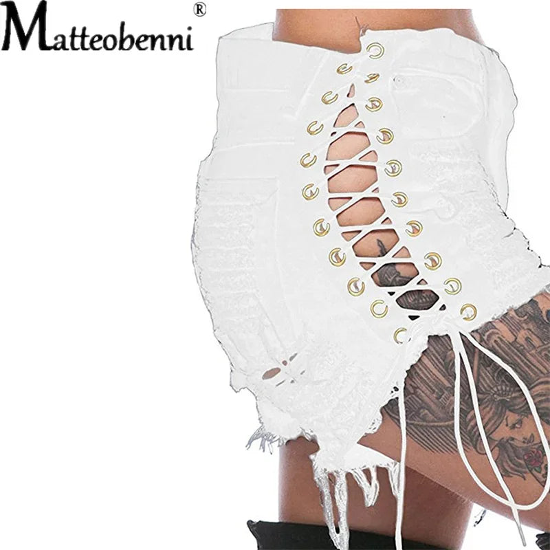 Sexy Ripped Tassel Jeans Streetwear High Waist Straight Denim Shorts 2026 Summer New Women Lace-Up Hole Hollow Out Jean Shorts