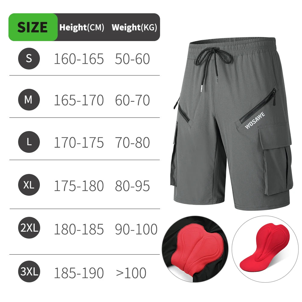 WOSAWE Summer MTB Shorts with Inner Sponge Padded Casual Bicycle Shorts Quick-drying Mountain Bike Short Pant Cycling Shorts