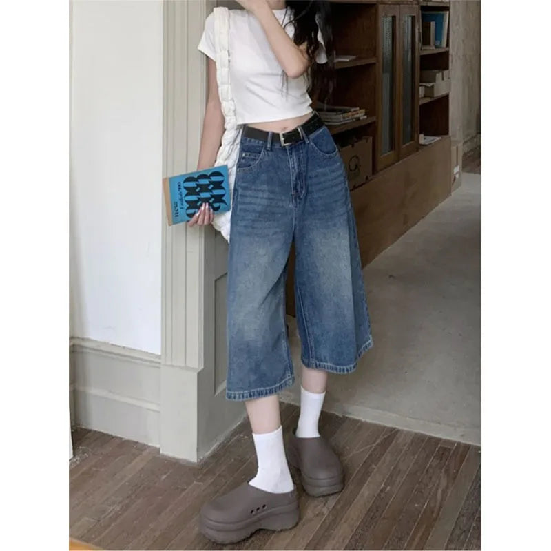 Women's Vintage Wide Leg Denim Capri Pants Shorts Summer New Plus Size Tummy Control Loose Straight Leg Casual Streetwear