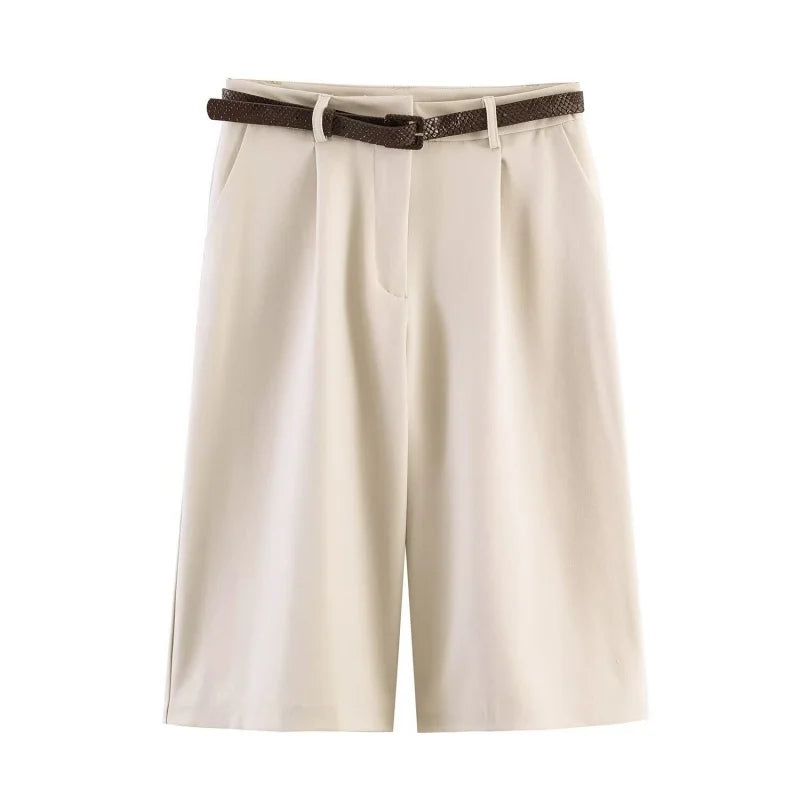 Summer Loose Pleated Mini Shorts With Belt Women High Waist Zipper Decoration Versatile Shorts Female Causal Wear 2026 New