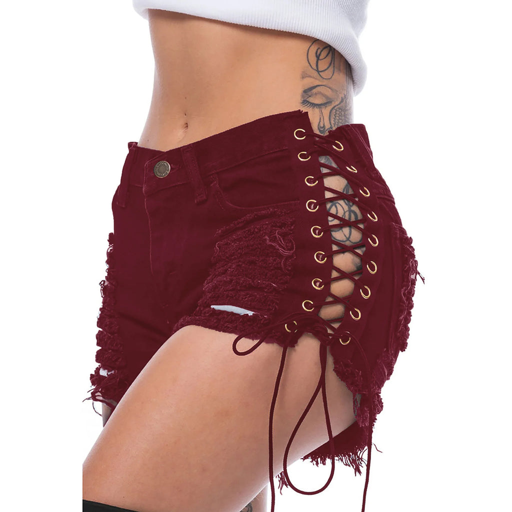 Sexy Ripped Tassel Jeans Streetwear High Waist Straight Denim Shorts 2026 Summer New Women Lace-Up Hole Hollow Out Jean Shorts